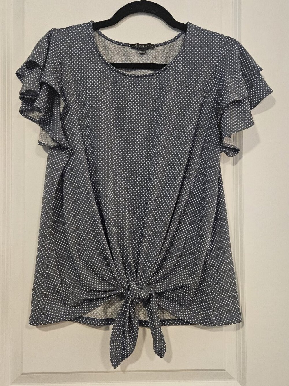 Adrianna Papell Blue Polka Dot Tie Front Top M Flutter Sleeve